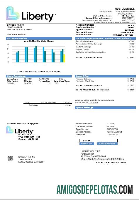 realista Modelo de conta de serviços públicos da USA California Liberty Utilities em formatos Word e PDF